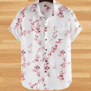Japanese White Floral Short Sleeve Shirt Lsrge Hawaiian Eastern Culture Flower